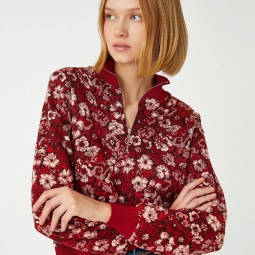 Jacquard Floral Sweater Half Zipper