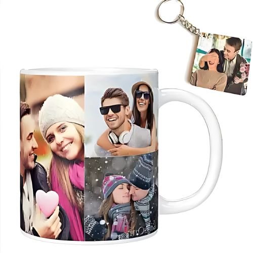 Photo & Text Printed Cup For Birthday , Anniversary Gift White Keychain + mug Ceramic Coffee Mug